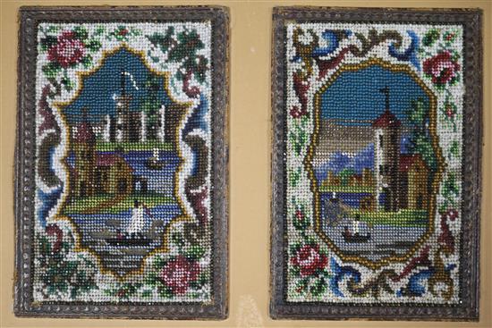 A Victorian needlepoint and beadwork portrait and a pair of beadwork book covers, framed